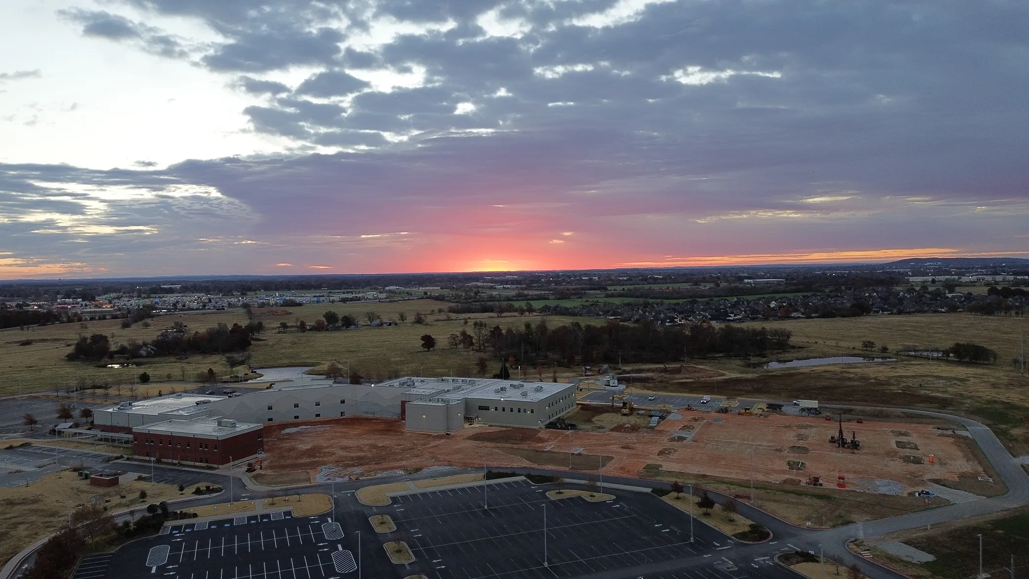 Evening aerial shot of Riggs Contracting of Arkansas job site